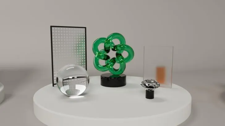 A 3D-rendered scene featuring a glass orb, a green geometric sculpture, and transparent panels, all set on a circular white platform.